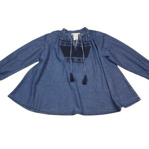 Anthropologie Ne Quittez Pas Sz M Hallie Chambray Embroidered Swing Peasant Top